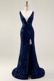 Sparkly Mermaid V-Neck Sequins Backless Navy Long Prom Dress with Slit