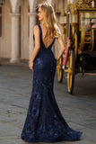 Sparkly Mermaid V-Neck Sequins Backless Navy Long Prom Dress with Slit