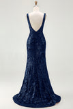 Sparkly Mermaid V-Neck Sequins Backless Navy Long Prom Dress with Slit