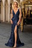 Sparkly Navy Mermaid V-Neck Sequins Open Back Long Prom Dress with Slit