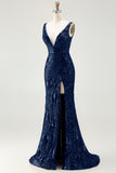 Sparkly Mermaid V-Neck Sequins Backless Navy Long Prom Dress with Slit