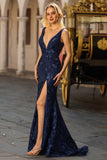 Sparkly Navy Mermaid V-Neck Sequins Open Back Long Prom Dress with Slit