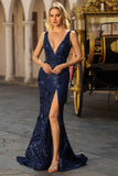 Sparkly Navy Mermaid V-Neck Sequins Open Back Long Prom Dress with Slit