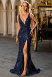 Sparkly Navy Mermaid V-Neck Sequins Open Back Long Prom Dress with Slit