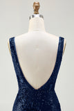 Sparkly Mermaid V-Neck Sequins Backless Navy Long Prom Dress with Slit
