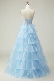 Blue Sweetheart Sequins Corset Tiered Long Princess Prom Dress with Lace Up Back