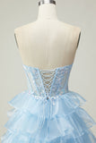 Blue Sweetheart Sequins Corset Tiered Long Princess Prom Dress with Lace Up Back
