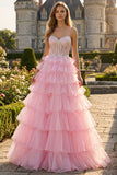Pink Princess Sequin Sweetheart Corset Tiered Ruffle Long Prom Dress