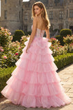 Pink Princess Sequin Sweetheart Corset Tiered Ruffle Long Prom Dress