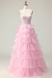 Pink Princess Sweetheart Corset Tiered Sequins Long Prom Dress with Lace Up Back