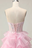 Pink Princess Sweetheart Corset Tiered Sequins Long Prom Dress with Lace Up Back