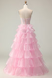 Pink Princess Sweetheart Corset Tiered Sequins Long Prom Dress with Lace Up Back