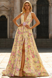 Yellow Pink Flower A Line V Neck Long Prom Dress with Slit
