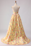 Yellow Pink Flower A Line Halter Long Prom Dress with Slit