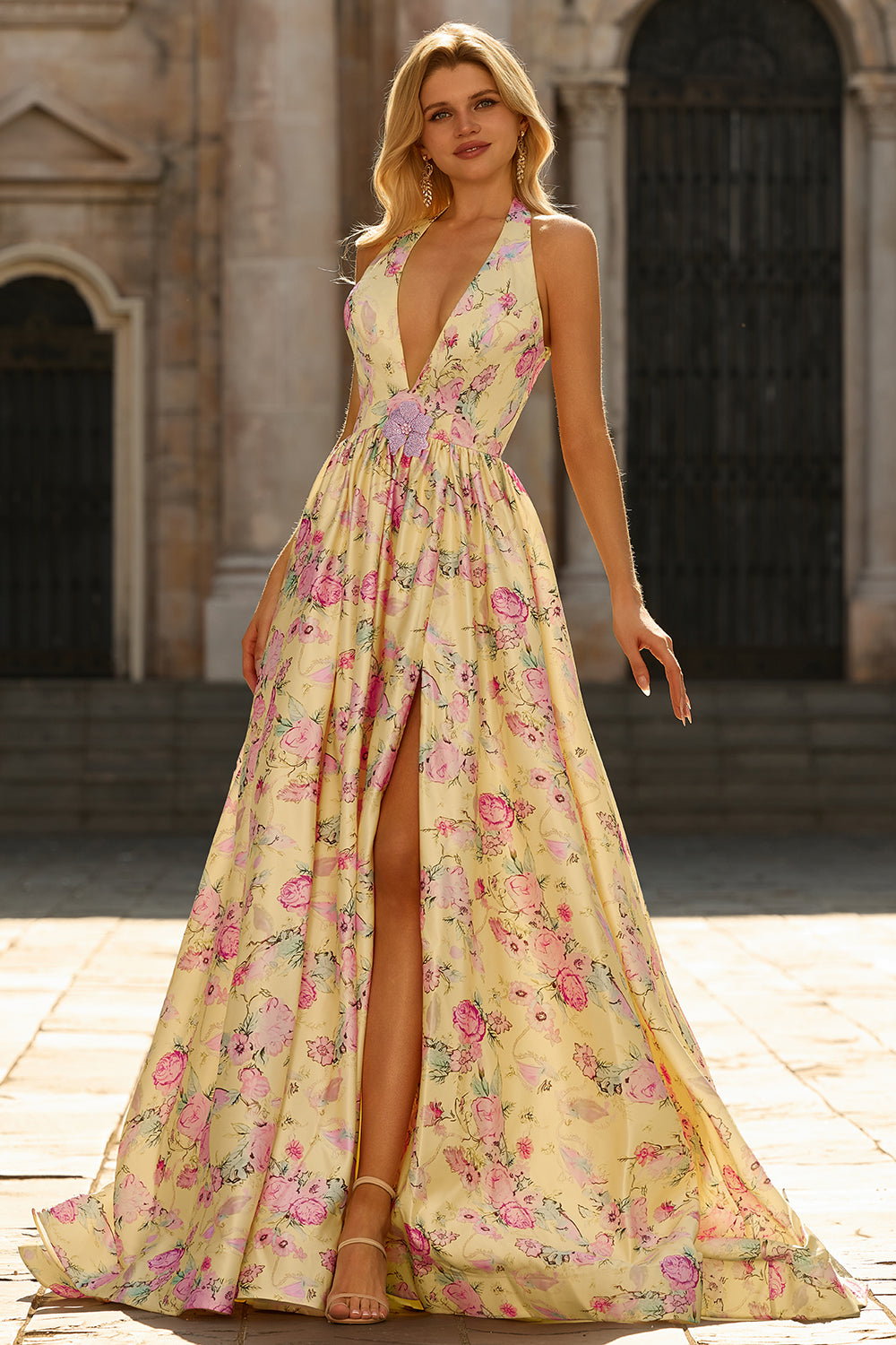 pink yellow dress And Ruffled Mesh Maxi Say hello to Mimosa Neora Pink Yellow Braided Bustier