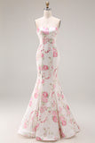 Strapless White Pink Flower Printed Mermaid Long Prom Dress