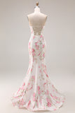Strapless White Pink Flower Printed Mermaid Long Prom Dress
