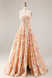 Strapless Yellow Pink Flower A Line Corset Long Prom Dress with Slit