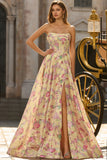 Strapless Yellow Pink Flower A Line Corset Long Prom Dress with Slit