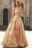 Strapless Yellow Pink Flower A Line Corset Long Prom Dress with Slit