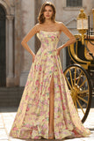 Strapless Yellow Pink Flower A Line Corset Long Prom Dress with Slit