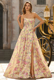 Strapless Yellow Pink Flower A Line Corset Long Prom Dress with Slit