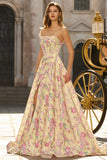 Strapless Yellow Pink Flower A Line Corset Long Prom Dress with Slit