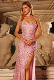 Mermaid Sparkly Pink Sequin Long Prom Dress with Slit
