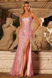Mermaid Sparkly Pink Sequin Long Prom Dress with Slit