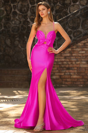 Mermaid Fuchsia Satin Cut Out Ruched Long Prom Dress with Slit