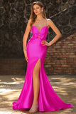 Mermaid Fuchsia Satin Cut Out Ruched Long Prom Dress with Slit