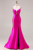Fuchsia Mermaid Satin Cut Out Ruched Long Prom Dress with Slit
