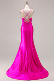 Fuchsia Mermaid Satin Cut Out Ruched Long Prom Dress with Slit