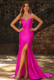 Mermaid Fuchsia Satin Cut Out Ruched Long Prom Dress with Slit