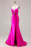 Fuchsia Mermaid Satin Cut Out Ruched Long Prom Dress with Slit