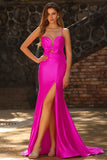 Mermaid Fuchsia Satin Cut Out Ruched Long Prom Dress with Slit