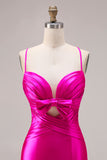 Fuchsia Mermaid Satin Cut Out Ruched Long Prom Dress with Slit