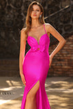 Mermaid Fuchsia Satin Cut Out Ruched Long Prom Dress with Slit