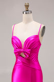 Fuchsia Mermaid Satin Cut Out Ruched Long Prom Dress with Slit