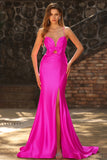 Mermaid Fuchsia Satin Cut Out Ruched Long Prom Dress with Slit