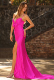 Mermaid Fuchsia Satin Cut Out Ruched Long Prom Dress with Slit