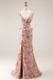 Pink Beaded Sequin Mermaid Backless Bowed Long Prom Dress with Slit