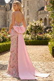 Pink Beaded Sequin Mermaid Backless Bowed Long Prom Dress with Slit