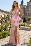 Strapless Beaded Pink Mermaid Bow Sequin Long Prom Dress with Slit