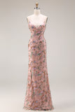 Blush Sequin Beaded Mermaid Long Prom Dress with Lace-up Back