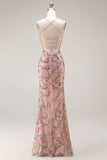 Blush Sequin Beaded Mermaid Long Prom Dress with Lace-up Back