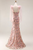 Floral Pink Mermaid Beaded Long Prom Dress with Slit