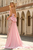 Pink Appliqued Mermaid Strapless Corset Long Prom Dress with Bow