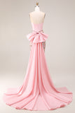 Pink Appliqued Mermaid Strapless Corset Long Prom Dress with Bow