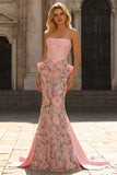Pink Appliqued Mermaid Strapless Corset Long Prom Dress with Bow